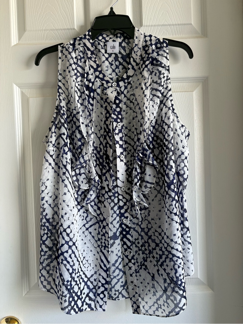 CAbi Navy & White Ruffle Front Sleeveless Blouse